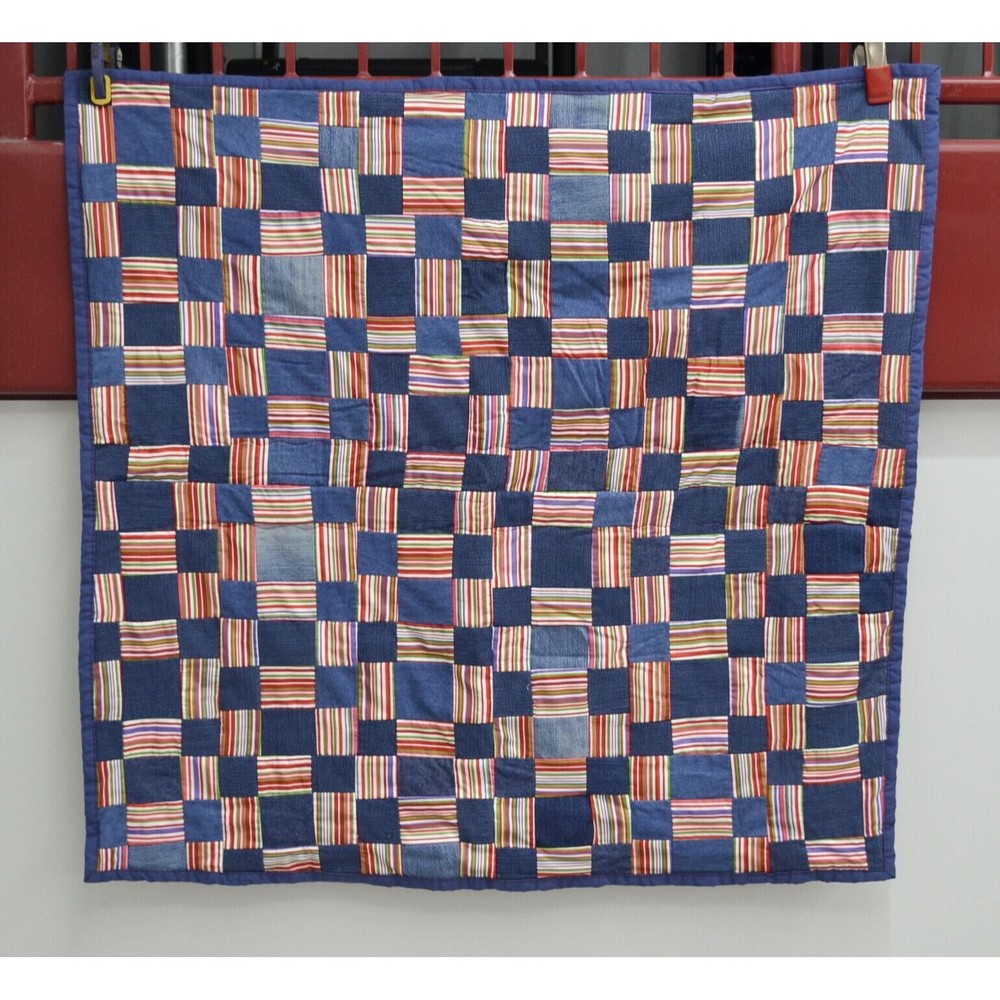 Vintage Handmade Red and Blue With Striped Backing 45X46 Inch Lap or Small Quilt